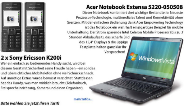 Komplettpreis ab 0,00 Euro Bundle Acer Notebook Vista - Telekommunikation - Oldenburg
