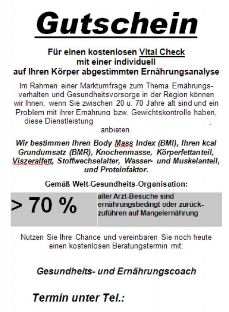 Gutschein für eine Vitalanalyse, für den Badeurlaub - Wellness Gesundheit - Saarbrücken