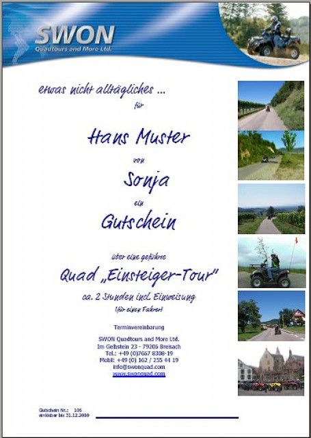 Geschenk Gutschein - Geführte Quad-Tour - Dienstleistungen Business Gewerbe - Breisach