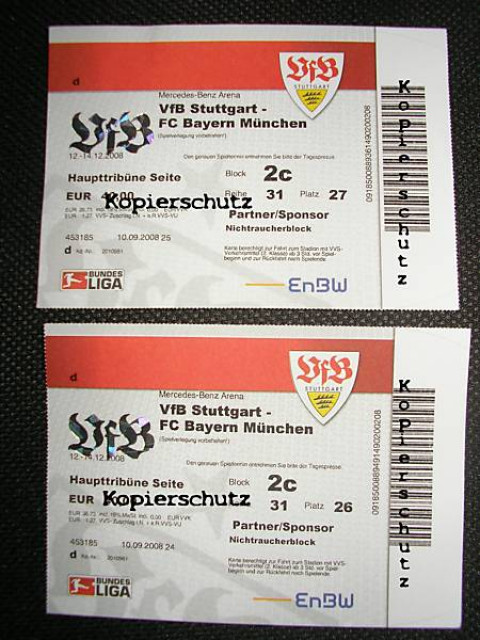 Verkaufe 2 Tickets VfB ./. Bayern München 13.12.2008 Stuttgart - Die Mercedes Be - Eintrittskarten Tickets - Bietigheim-Bissingen