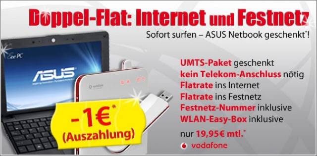 TOP Aktion  bei www.DSLundMobilfunk.de: Vodafone UMTS Paket+ASUS NETBOOK + 1€ in - Kommunikation - Bad Soden / Taunus